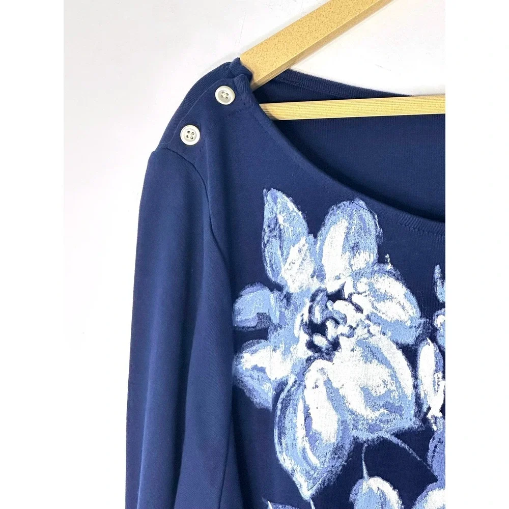 Lauren Ralph Lauren Top Women 3X Navy Blue Floral Boat Neck 3/4 Sleeve Cotton - Picture 3 of 8